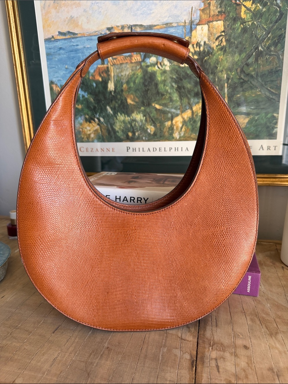 STAUD Moon Bag – lizard print Embossed Leather | Saddle Brown